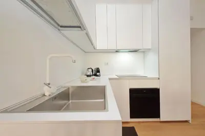 a kitchen with a stainless steel sink and white cabinets at YCH-Delightful flat near San Giovanni in Rome