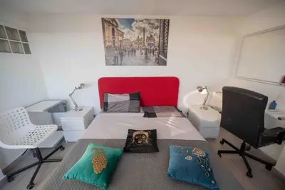 a bedroom with a bed with a red head board at Farnesina Rooftop Terrace in Rome