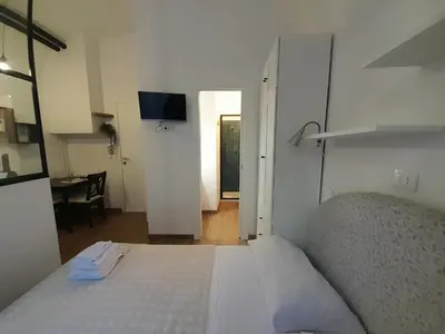 a bedroom with a bed and a desk and a television at Acche Apartments in Rome