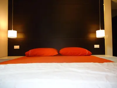 two orange pillows on a bed with a black headboard at Room and Apartment Rome in Rome