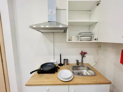 a kitchen counter with a sink and a microwave at Domus Giolitti in Rome
