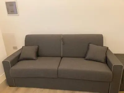 a gray couch with two pillows in a living room at Manzoni bilocale con doppi servizi piano terra in Rome