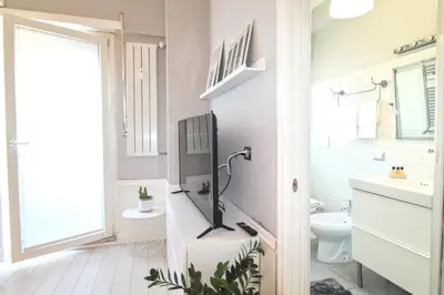 a bathroom with a toilet and a tv on a counter at Casa di Lola Metro Conca d' Oro in Rome