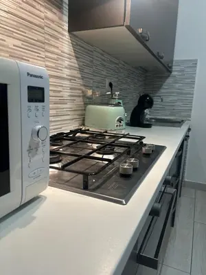 a kitchen counter with a stove and a microwave at Statilia Urban Retreat in Rome