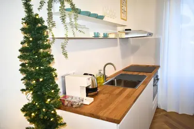 a kitchen with a christmas tree on a counter at Dimora Artis by Gialel in Rome