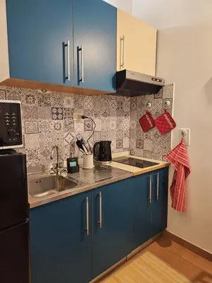 a kitchen with blue cabinets and a sink at Raggio di Sole in Rome