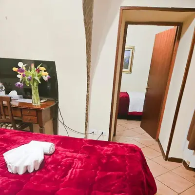 a bedroom with a red bed with a vase of flowers at Hotel Giubileo in Rome