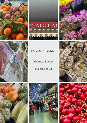 a collage of pictures of a market with fruits and vegetables at San Giovanni Studio in Rome