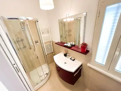 a bathroom with a sink and a shower at Casa Tigrè in Rome
