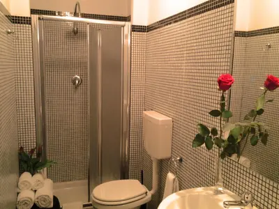 a bathroom with a shower with a toilet and a sink at Termini in Bed in Rome