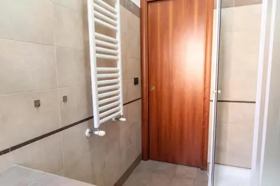 a bathroom with a shower and a wooden door at Domus Magnagrecia in Rome