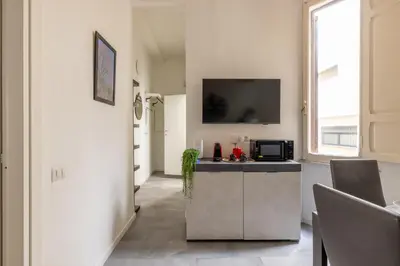 a kitchen with a counter and a tv on a wall at ARGILLA PLACE Large apartment close to Saint Peter Basilica in Rome