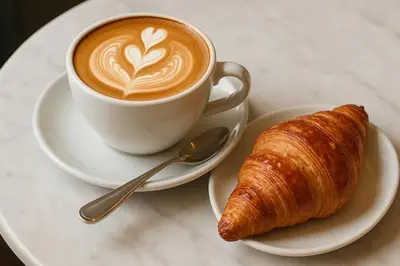 a cup of coffee and a croissant on a table at Relais Trastevere Station in Rome