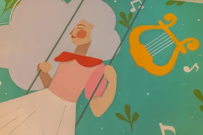 an illustration of a woman on a swing at Le Muse Suites in Rome
