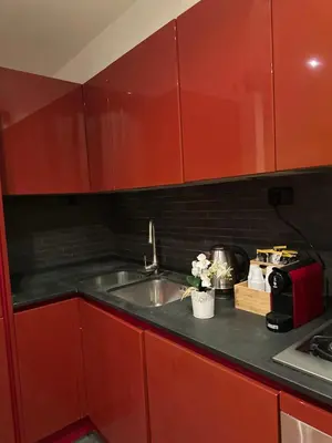 a kitchen with red cabinets and a sink at Balduina 225 in Rome
