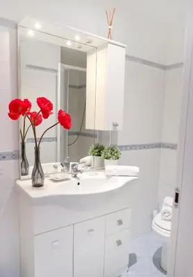 a bathroom with a white sink with red flowers in a vase at Bella Nonna in Rome