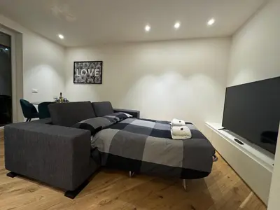 a bedroom with a bed and a couch and a flat screen tv at Bellina Suite Hi Tech Apartment in Rome