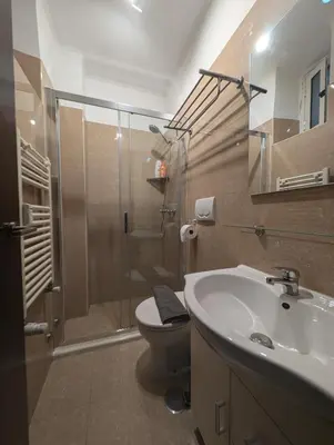 a bathroom with a shower and a toilet and a sink at Roomz Romestay in Rome