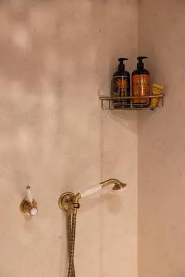 a bathroom with a shower with two bottles on a shelf at Apppartamenti Vicolo degli Osti in Rome