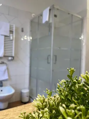 a bathroom with a shower with a toilet and a sink at Appartamento Monteverde in Rome