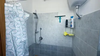 a bathroom with a shower and a tiled shower at La Casetta tiny house in Rome in Rome