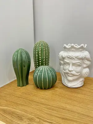 three vases and a cactus on a wooden shelf at Gioia di Roma in Rome
