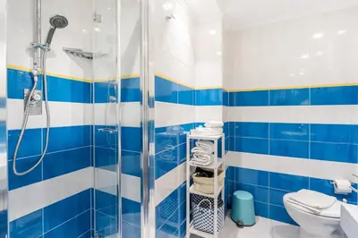 a blue and white bathroom with a shower and a toilet at Cozy apartment in Trastevere with patio - AC in Rome