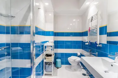 a blue and white bathroom with a toilet and a sink at Cozy apartment in Trastevere with patio - AC in Rome