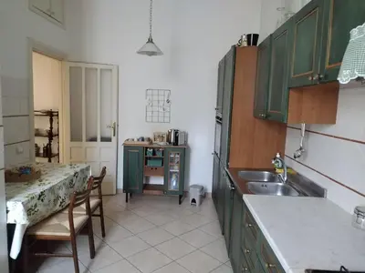 a kitchen with green cabinets and a table and a sink at Camilla's House in Rome