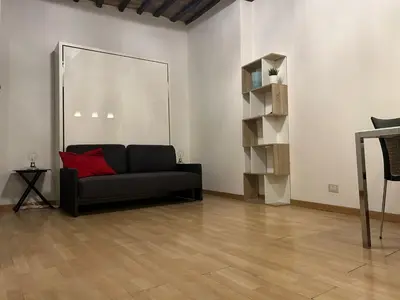a living room with a black couch and a shelf at Loft Trastevere in Rome