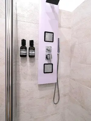 a bathroom with a shower with two bottles on the wall at Rome Vatican Stay - Appartamento 2 camere da letto vicino al Vaticano in Rome
