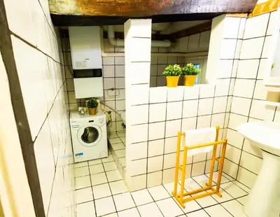 a small bathroom with a washing machine and a sink at Domus Pellegrino heart of ROME in Rome