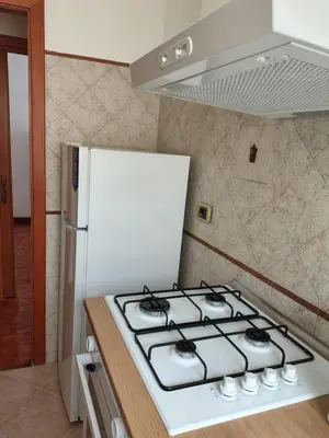 a kitchen with a stove and a white refrigerator at Mary Apartment in Rome