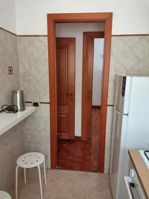 a kitchen with a wooden door and a refrigerator at Mary Apartment in Rome