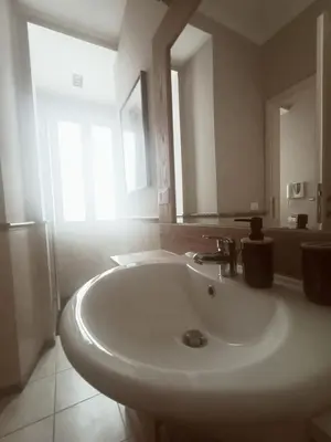 a bathroom with a white sink and a mirror at Colosseo Elegant Apartment in Rome
