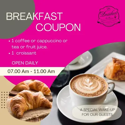 a flyer for a breakfast coupon with a cup of coffee and croissants at Desideri di Roma - Basilica San Paolo - Ospedale Bambin Gesu'-Roma III - 8th Piano Vicino la Metro in Rome