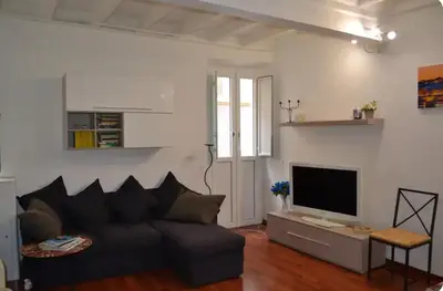 a living room with a couch and a flat screen tv at Casa in centro storico Largo Argentina in Rome