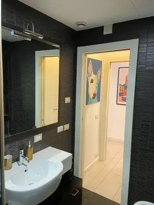 a bathroom with a sink and a dog painting on the wall at P&P Luxury Home in Rome