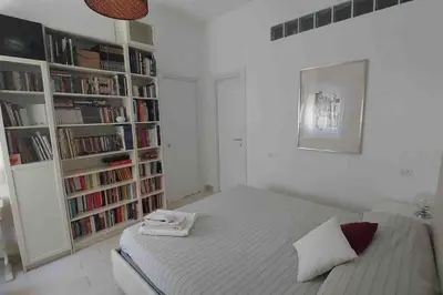 a bedroom with a bed and book shelves with books at Nido rinnovato in Rome