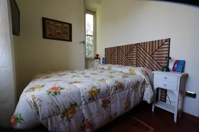 a bedroom with a bed with a floral bedspread and a night stand at Domus Roma G&R in Rome