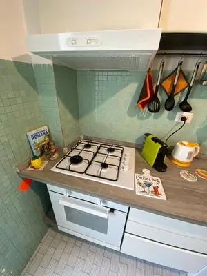 a small kitchen with a stove and a counter top at Garbatella, lovely mini apartment in Rome