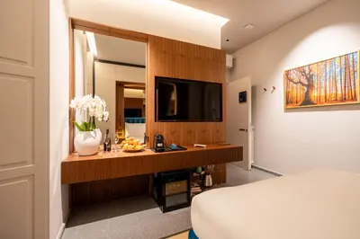 a bedroom with a desk with a television and a bed at Domus Suites Colosseum in Rome