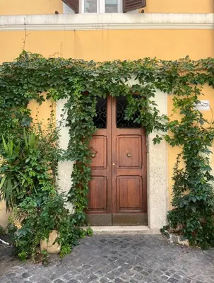 a wooden door with ivy on the side of a building at The Artist's nest - Trastevere- Rome in Rome