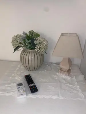 a table with a lamp a vase of flowers and a remote control at Colosseo luxury home in Rome