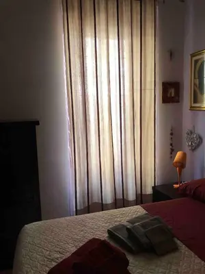 a bedroom with a bed and a window with curtains at Appartamento a due passi dalla Storia e dalla Movida Romana in Rome