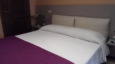 a bedroom with a white bed with a purple blanket at Gina B&B in Rome