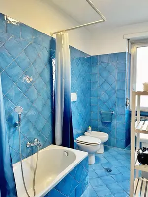 a blue tiled bathroom with a tub and a toilet at Basilica santa Maria ausiliatrice in Rome