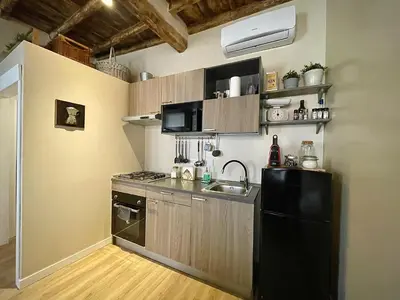 a kitchen with a black refrigerator and a sink at PianoDue In Trastevere in Rome