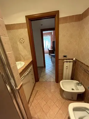 a bathroom with a sink and a toilet and a mirror at Alloggio turistico AVM in Rome
