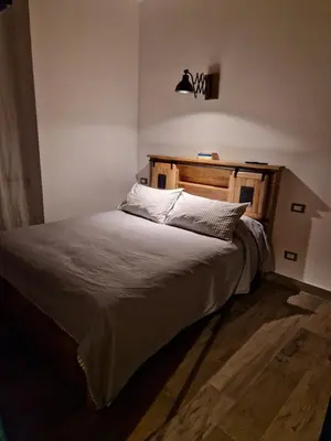 a bedroom with a large bed with a wooden headboard at La casa Di Tommi a Ponte Milvio in Rome